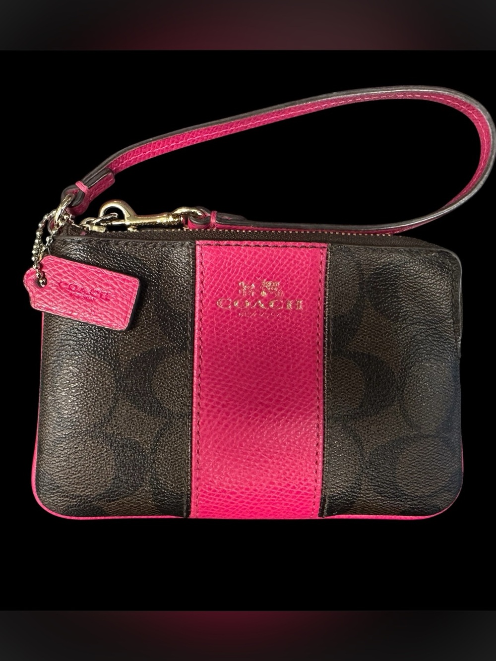 Coach Signature Wristlet, Brown with Hot Pink Trim